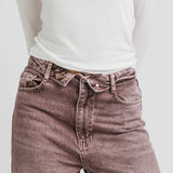 Fold Over Washed Jeans - Pink