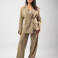 Tie Detail Blazer Twin Set – Beige