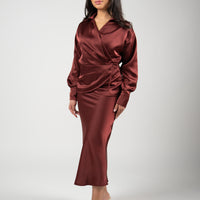 Elegant Satin Skirt Set – Deep red