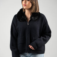 Fur Collar Zip Jacket – Black